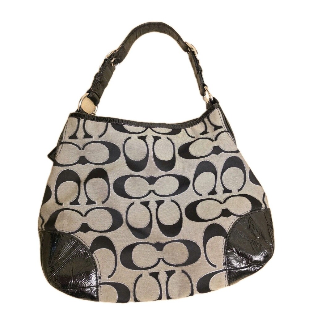 Authentic COACH PEYTON SIGNATURE LUREX HOBO BAG PURSE F19758M BLACK/SILVER - Picture 3 of 12